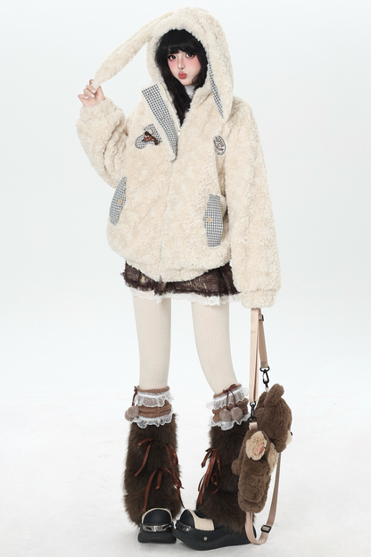 Check Long Bunny Ear Fur Jacket