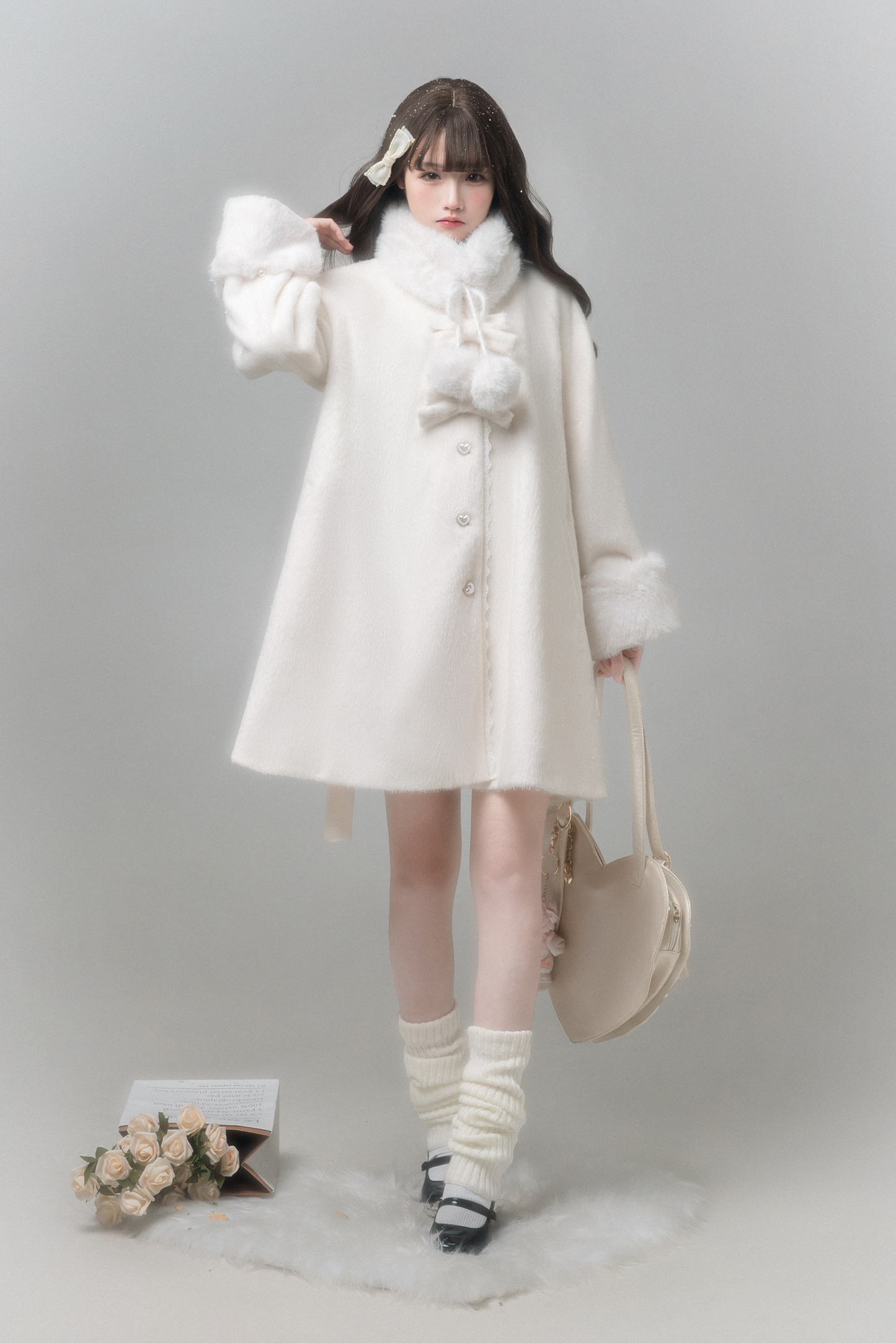 ピュアガーリースタイルコート+シャツ+ファーカラー+スカート