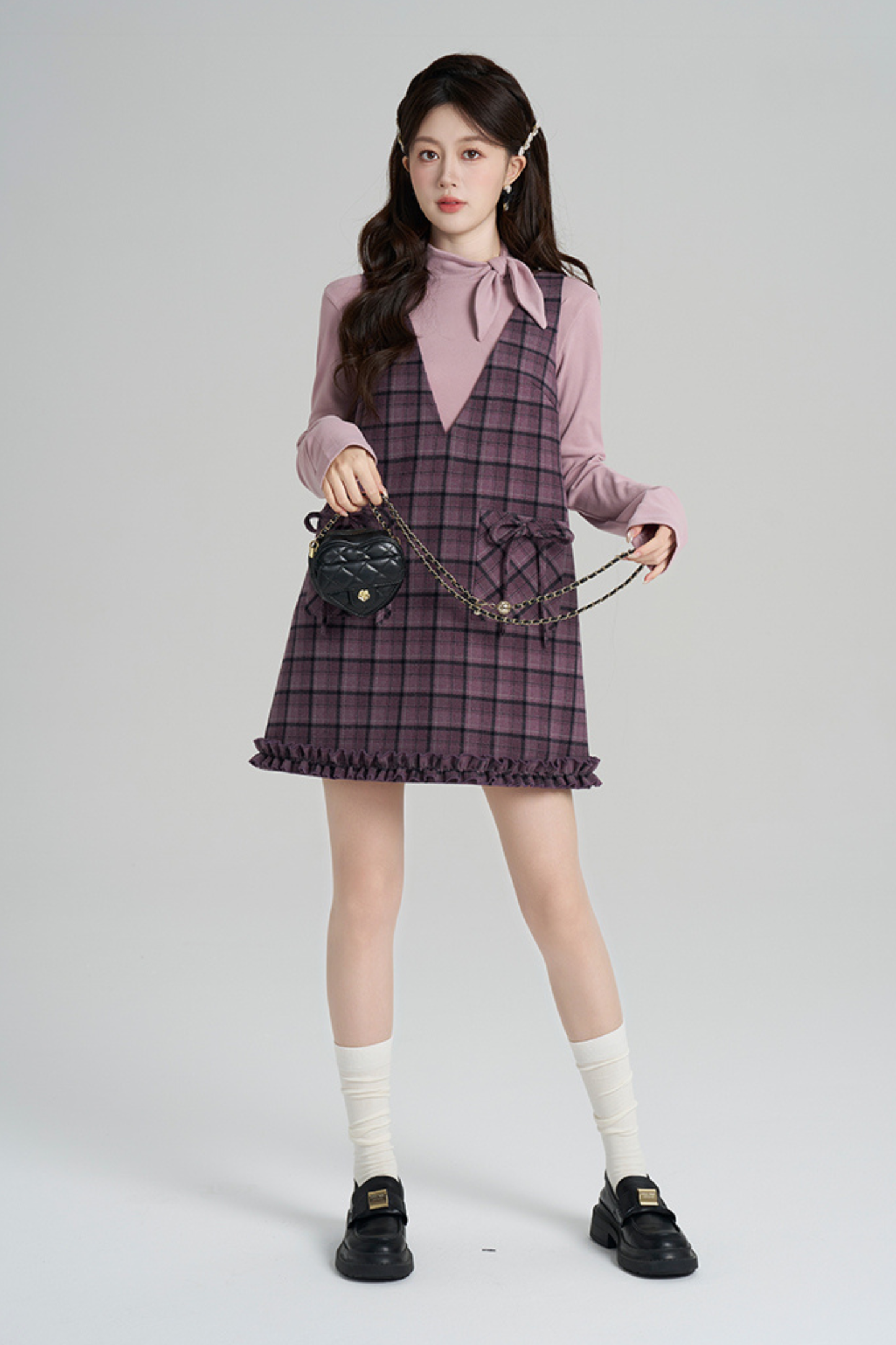 パープルプレイドラッフルドレス+トップス