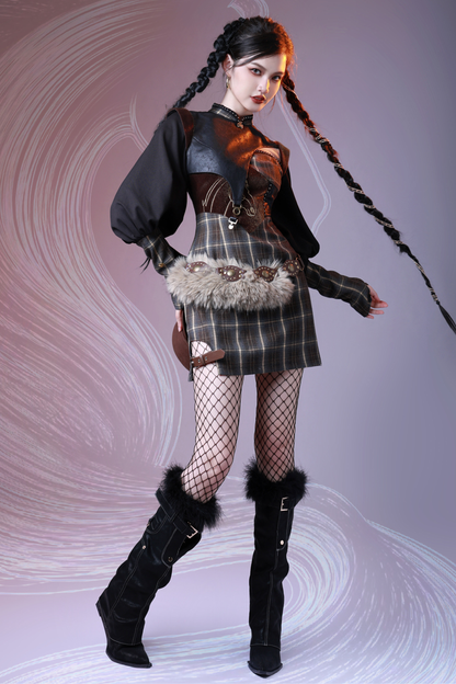 Check Leather Mode Punk Dress