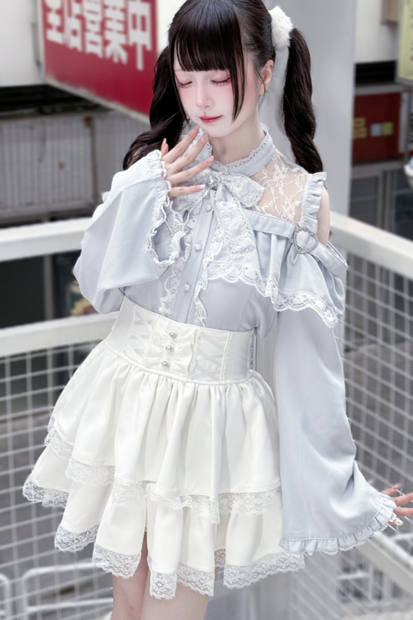 Lace off-the-shoulder shirt + lace-up skirt