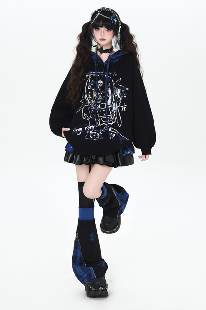 パンクガールチェックフードルーズセーター