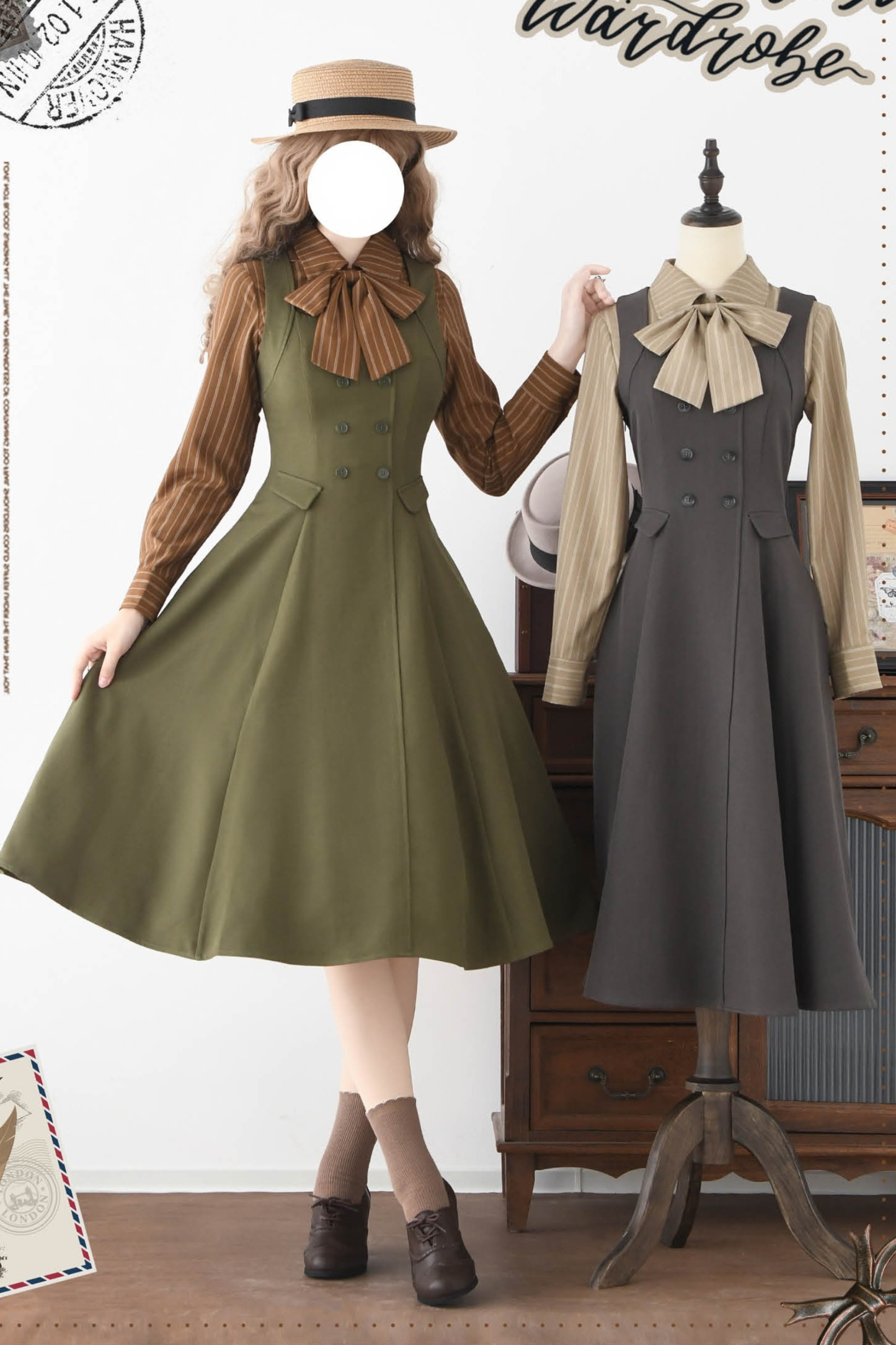 英国風レトロエレガントノースリーブドレス