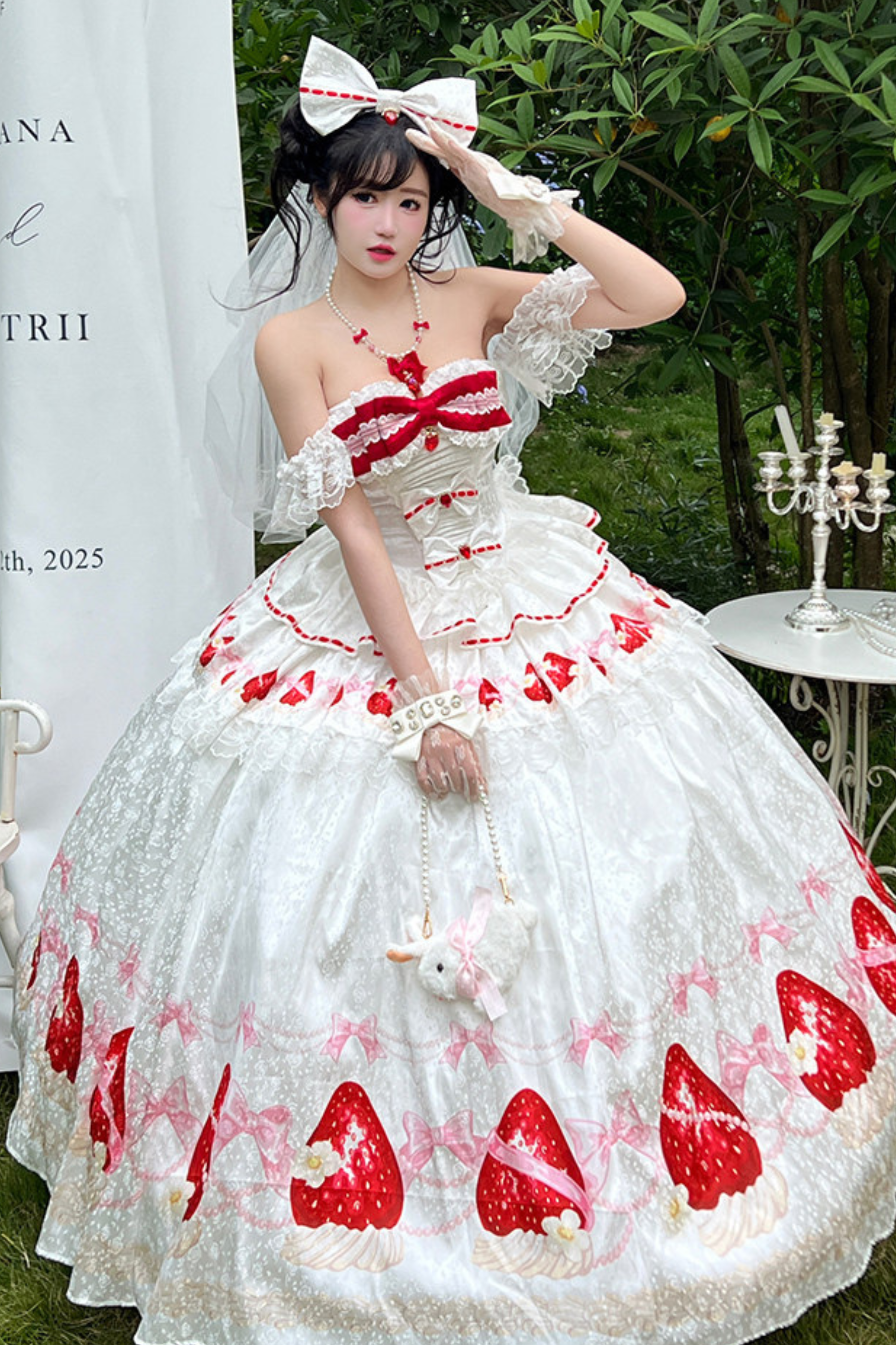 strawberry princess dress White & Red Sweet Strawberry-themed Princess Lolita OP Dress with Lace and Bow Accents