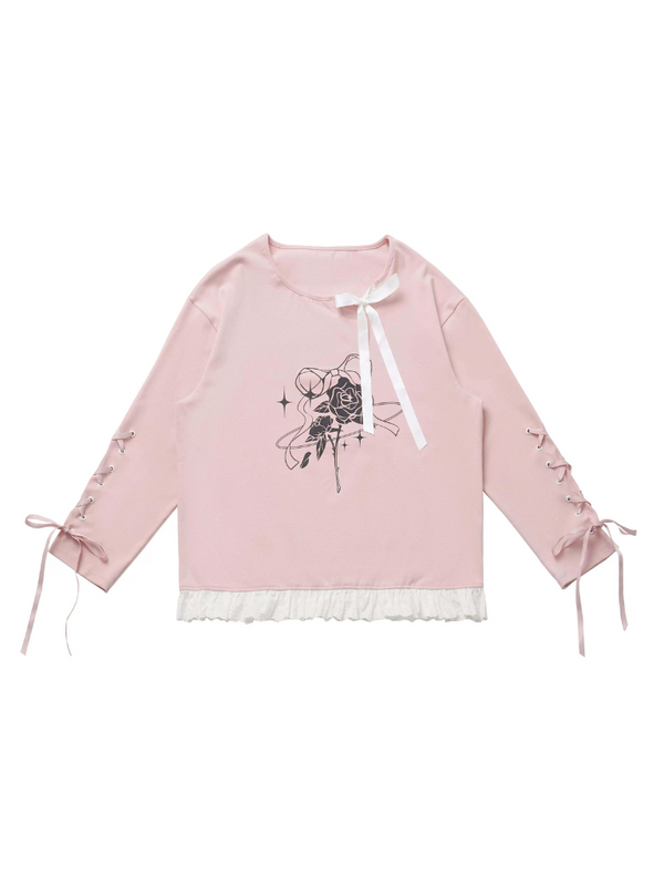 ガーリーフラワーピンクトップス＋ホワイトレーススカートデザインセット