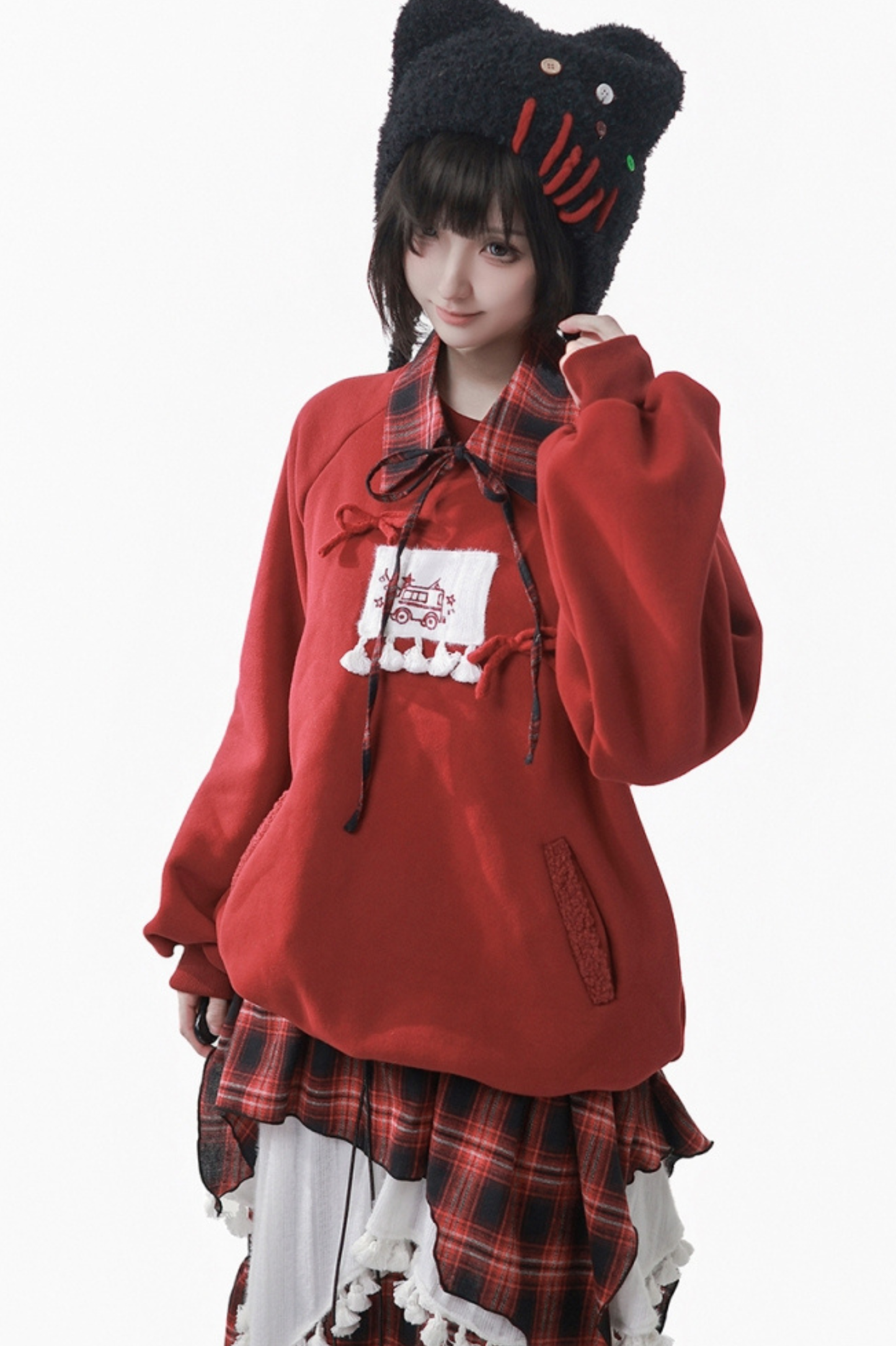 ルーズフリーススウェット+チェックスカート