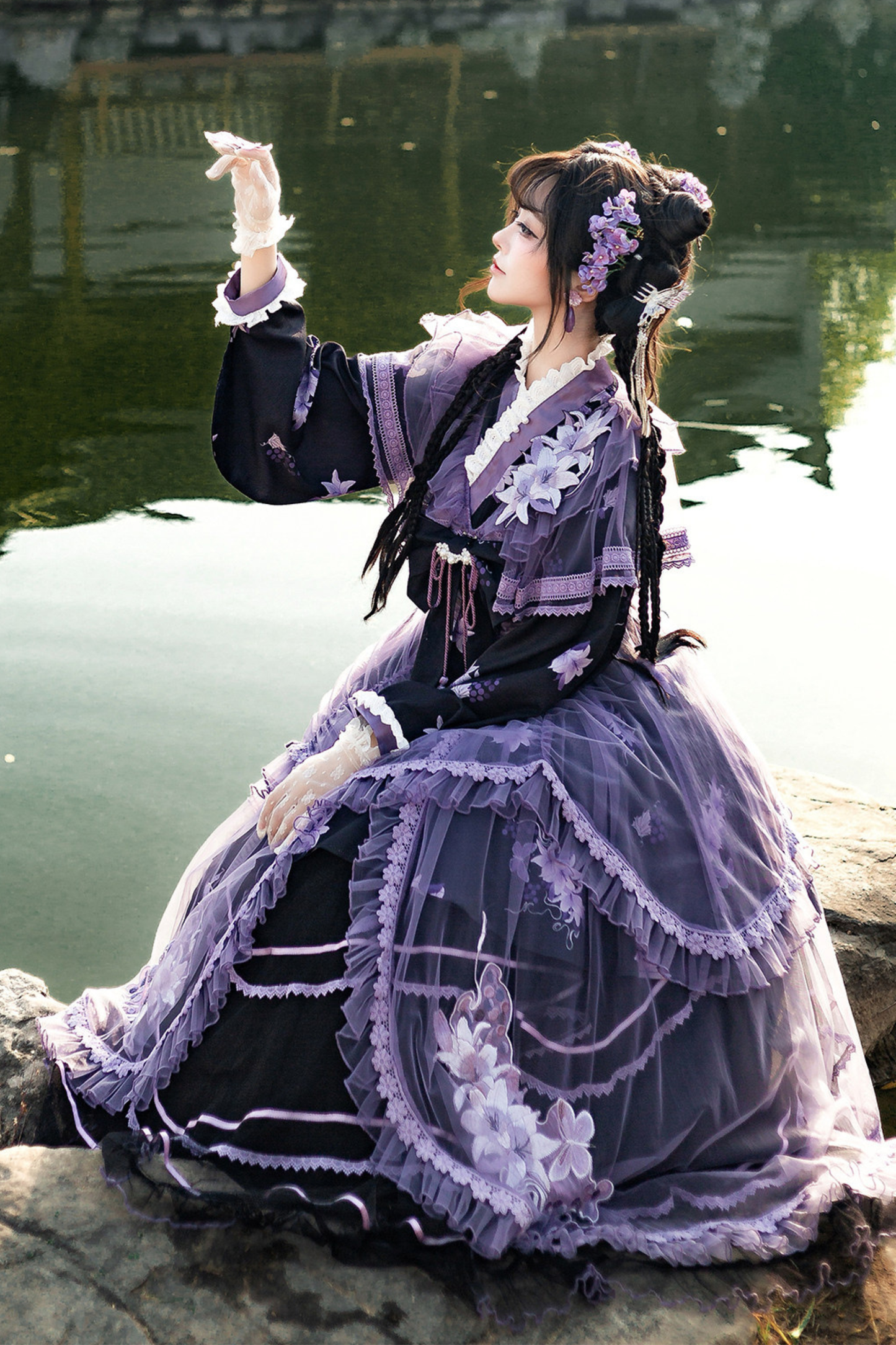 チャイナパープルフローラルドレス+アウタードレス+ロングスカート