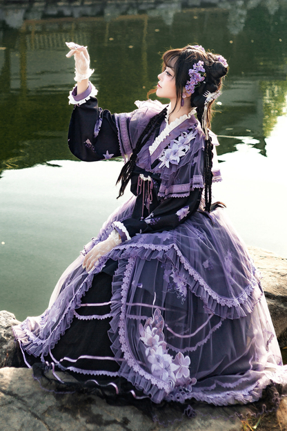 チャイナパープルフローラルドレス+アウタードレス+ロングスカート