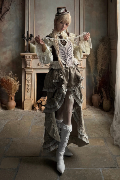 스트라이프 레이스 티어드 스커트