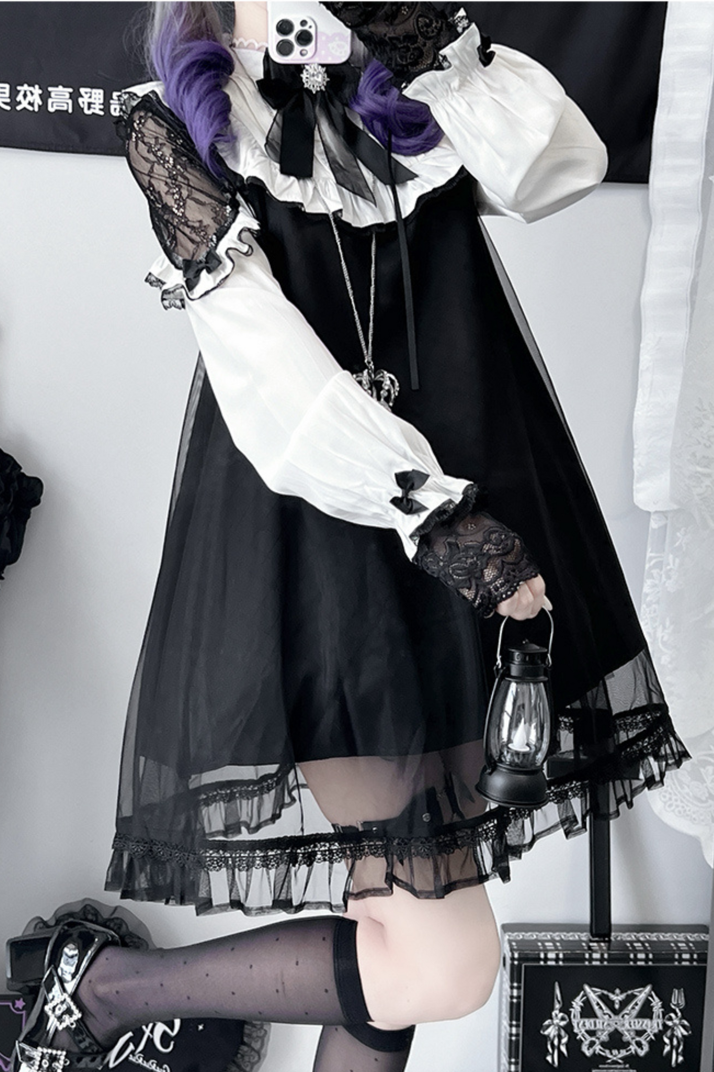 Lace Edge Mesh Splicing Little Black Dress