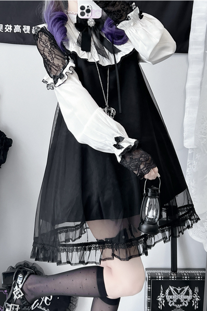 Lace Edge Mesh Splicing Little Black Dress