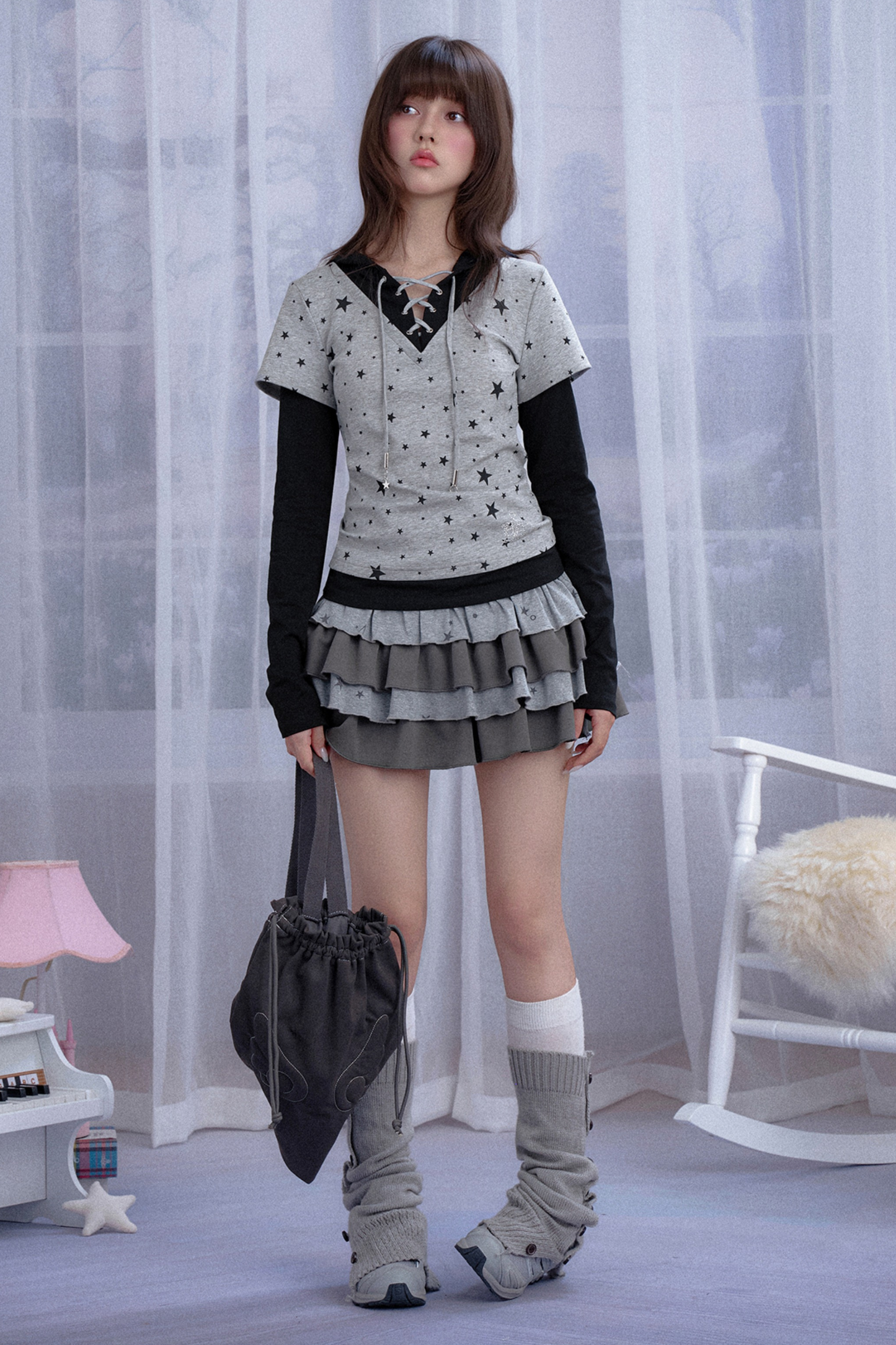 Y2K Star Design Faux Two Piece Hooded Top