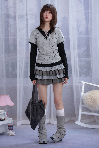 Y2K Star Design Faux Two Piece Hooded Top