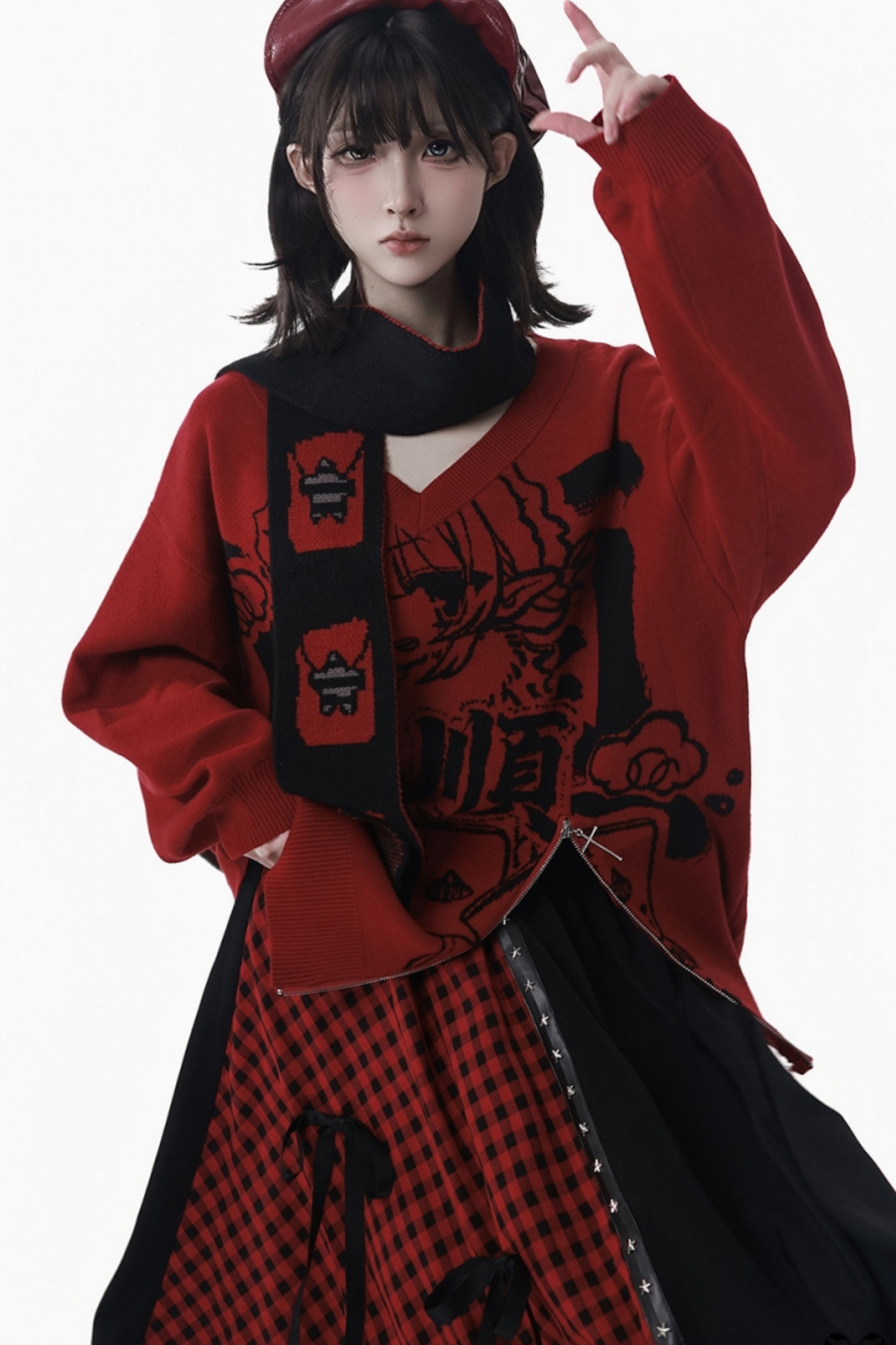 モードVネックニット+キュロット+スカート+レッグカバー+スカーフ