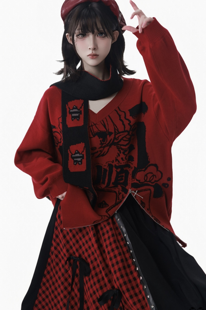 モードVネックニット+キュロット+スカート+レッグカバー+スカーフ