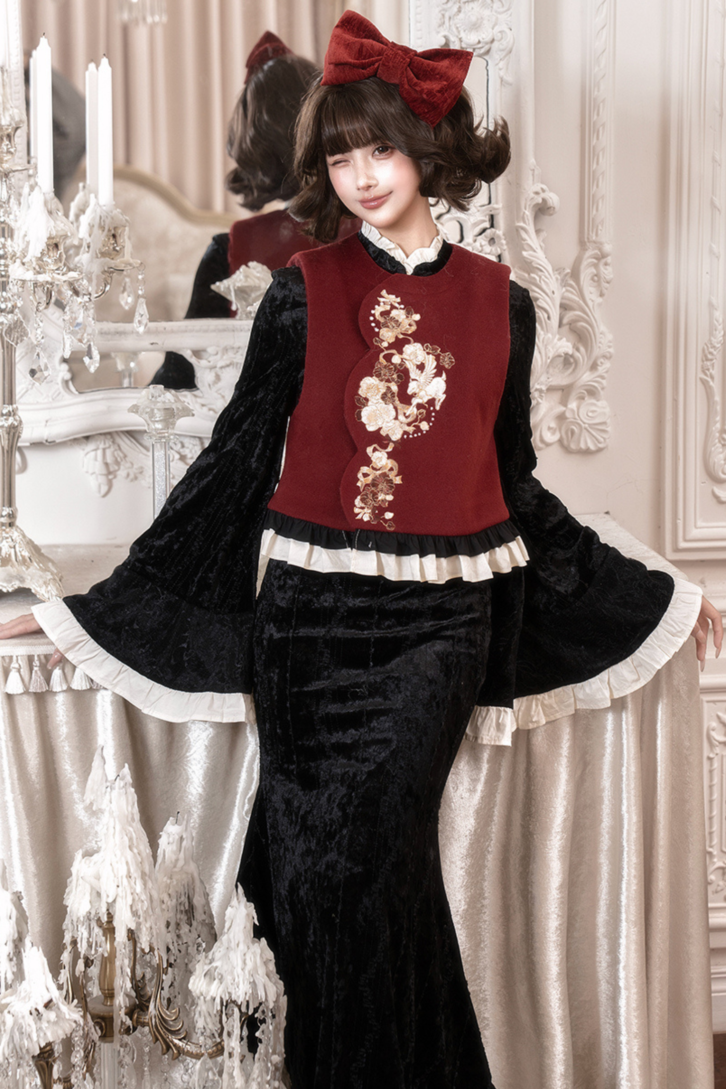 レトロフィッシュテールチャイナドレス+ベスト+ファースカーフ