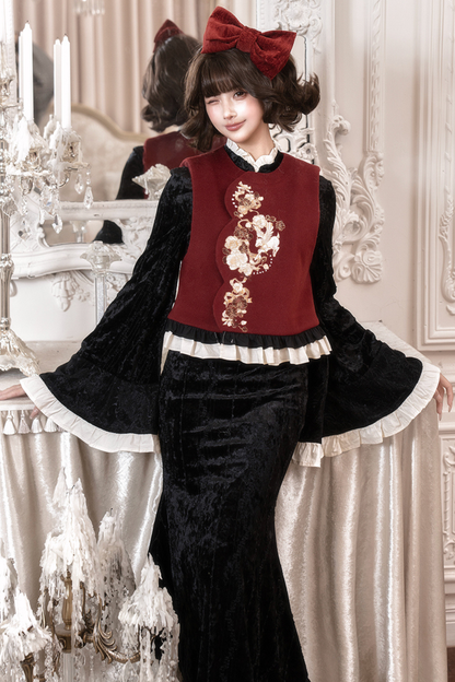 レトロフィッシュテールチャイナドレス+ベスト+ファースカーフ