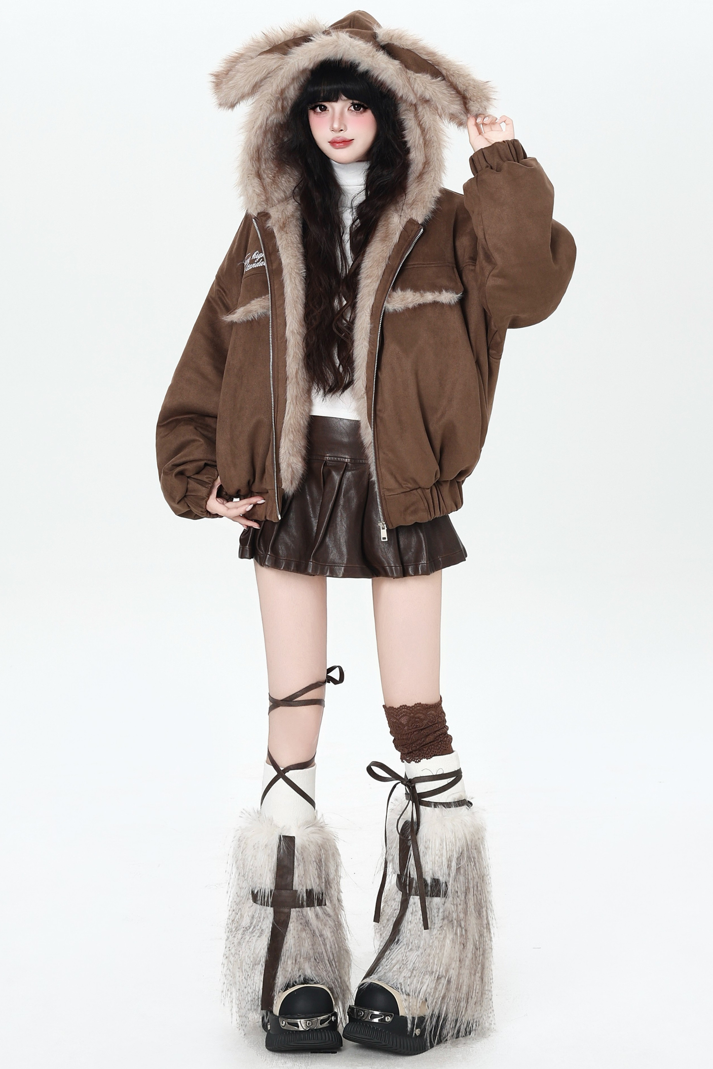 Rabbit Fur Hooded Suede Jacket