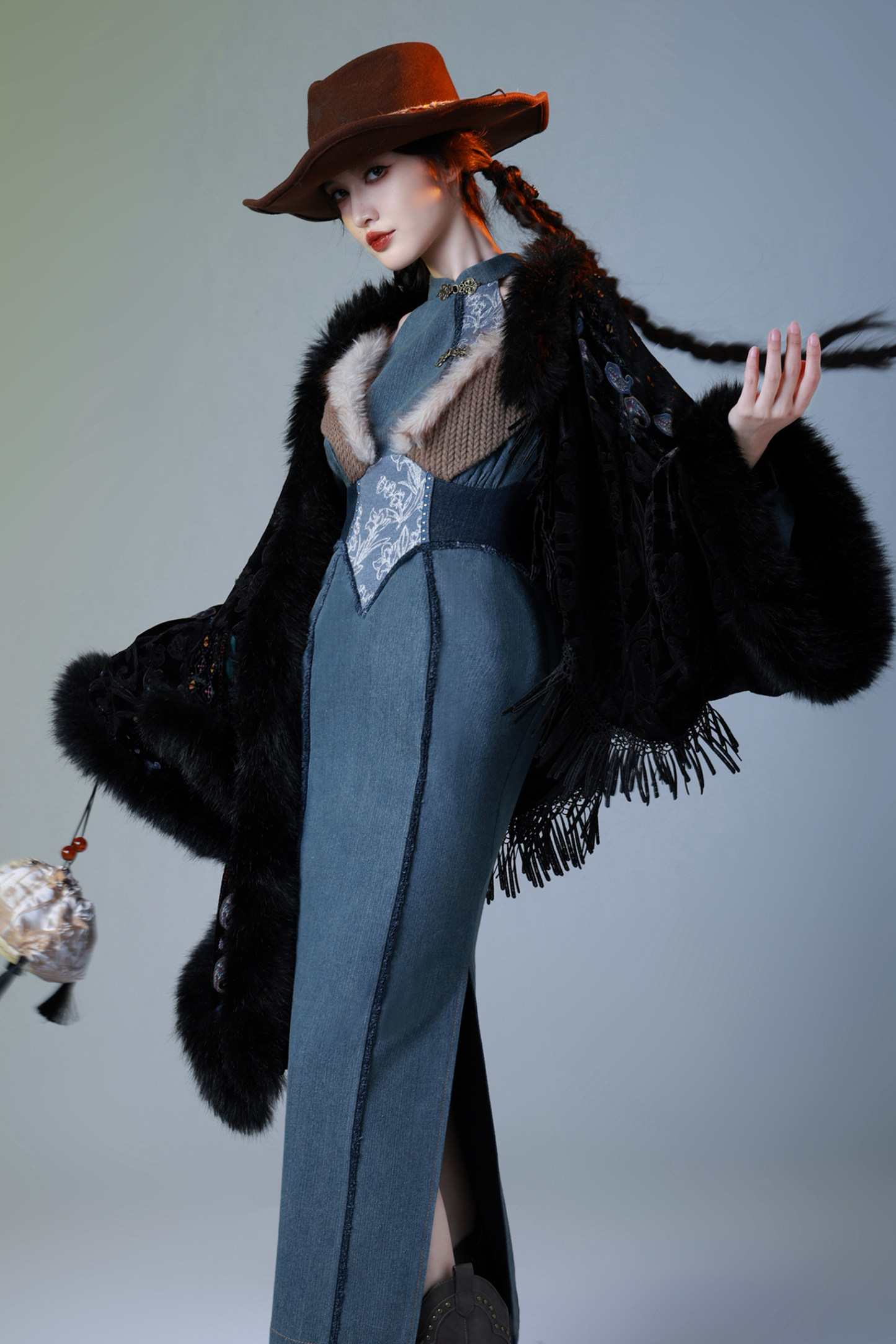 Retro Denim China Long Dress