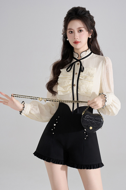 Dot Frilled V-Neck Blouse + Frilled Pants