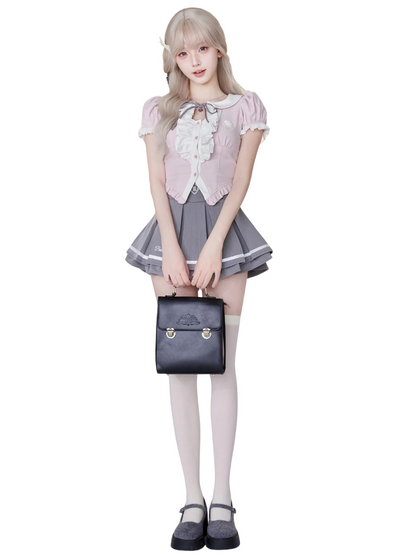 Pink pure ruffle top + gray skirt