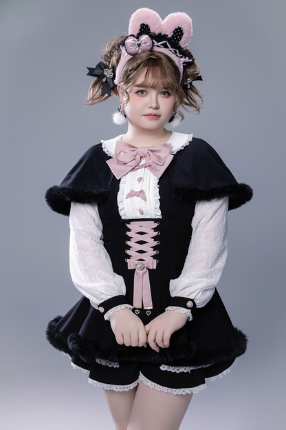 Fluffy cute cape + top + pants + brooch