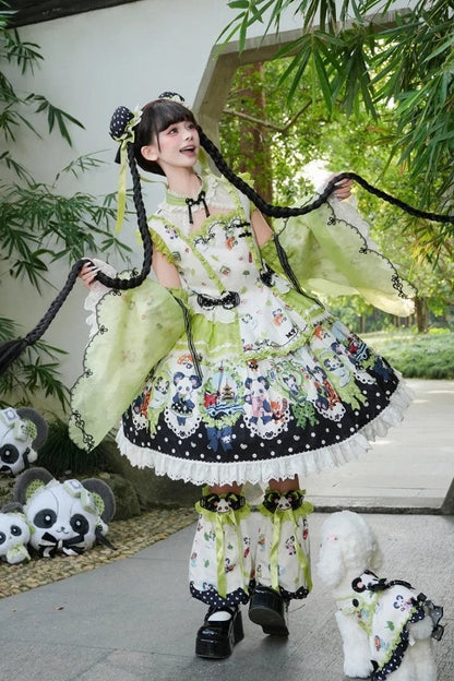 [Pre-order Deadline: October 25] Pink/Green Chinoiserie Lolita Sweet Panda Print Flutter Sleeve Lace Trim Dress + Detachable Flared Sleeves + Leg Covers