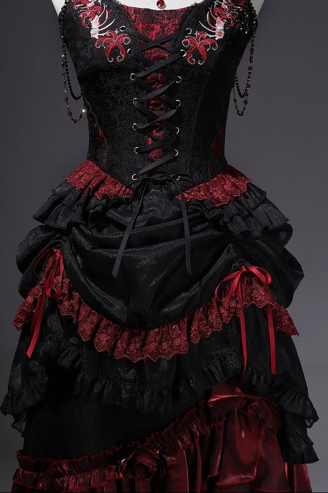 [Pre-order] Red and Black Dark Gothic Lolita Ruffle Slit Long Skirt + Pull-Up Overskirt
