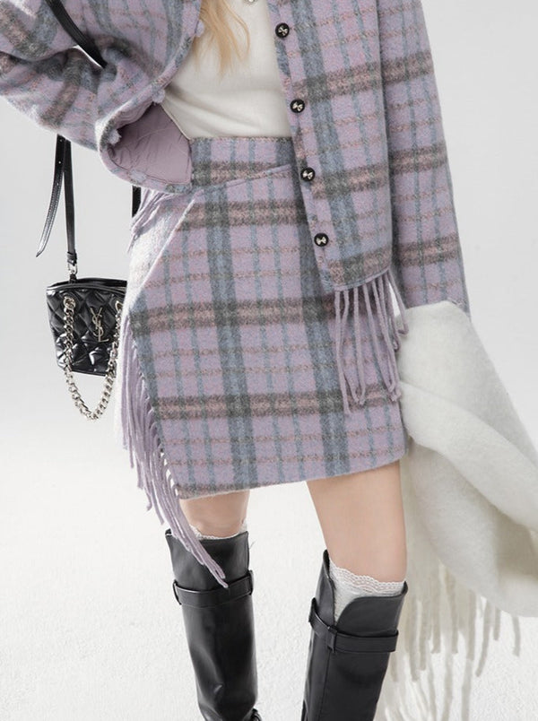 Twylight Violet Wool Check Tassel Jacket + Skirt