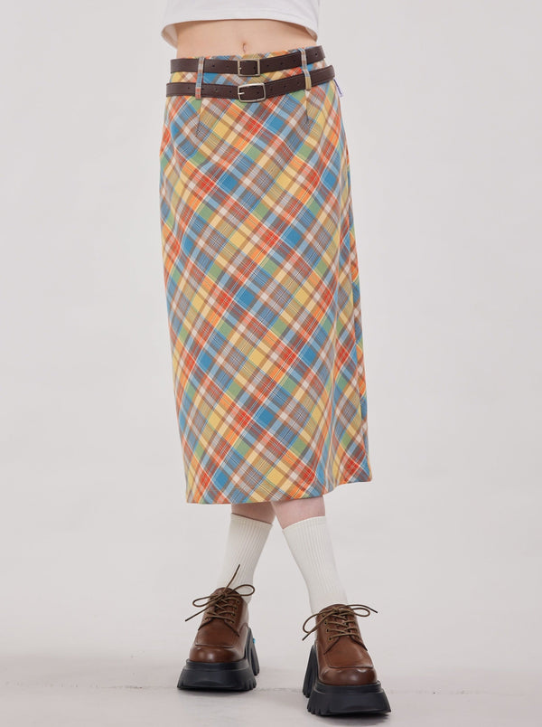 Retro Colorful Check Tight Long Skirt