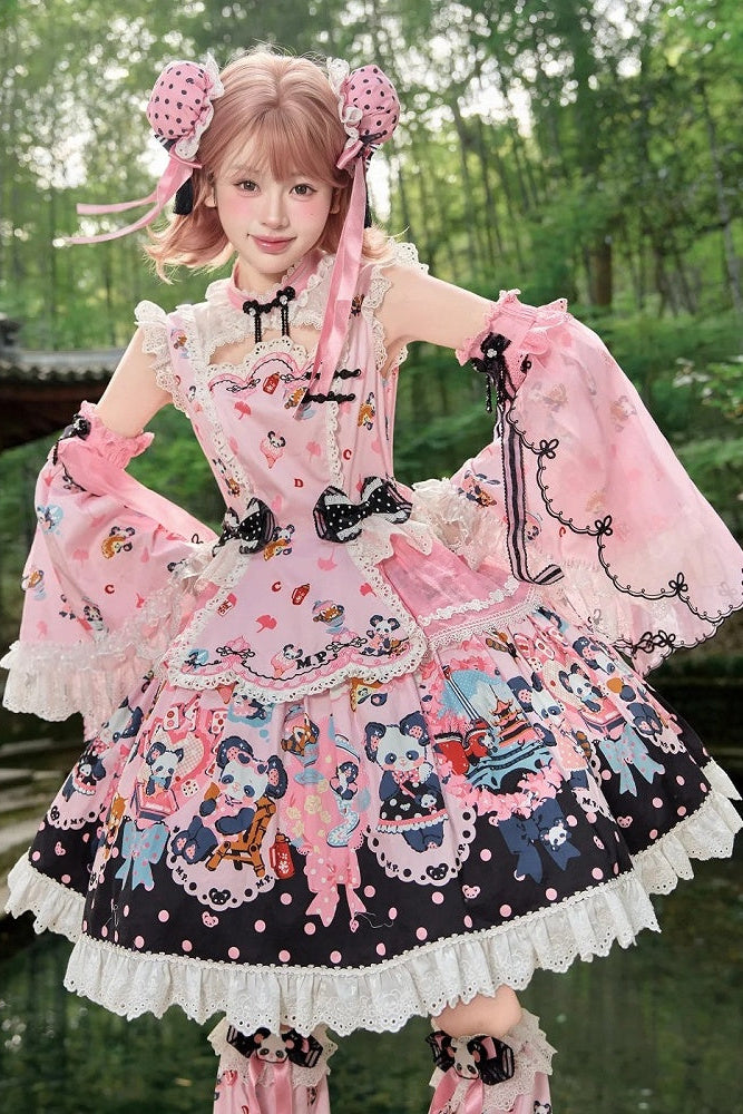 [Pre-order Deadline: October 25] Pink/Green Chinoiserie Lolita Sweet Panda Print Flutter Sleeve Lace Trim Dress + Detachable Flared Sleeves + Leg Covers