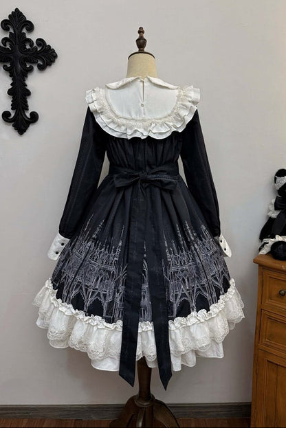 【10月13日予約締切】Gothic Doll Black White Cathedral Print Lace Trim Lolita Op Dress+ Full Dress Set (Flat Hat, Sash, Castle Flower Brooch)