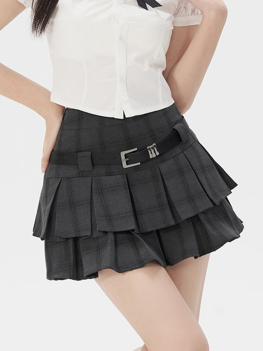 College style belt check double layer pleats skirt