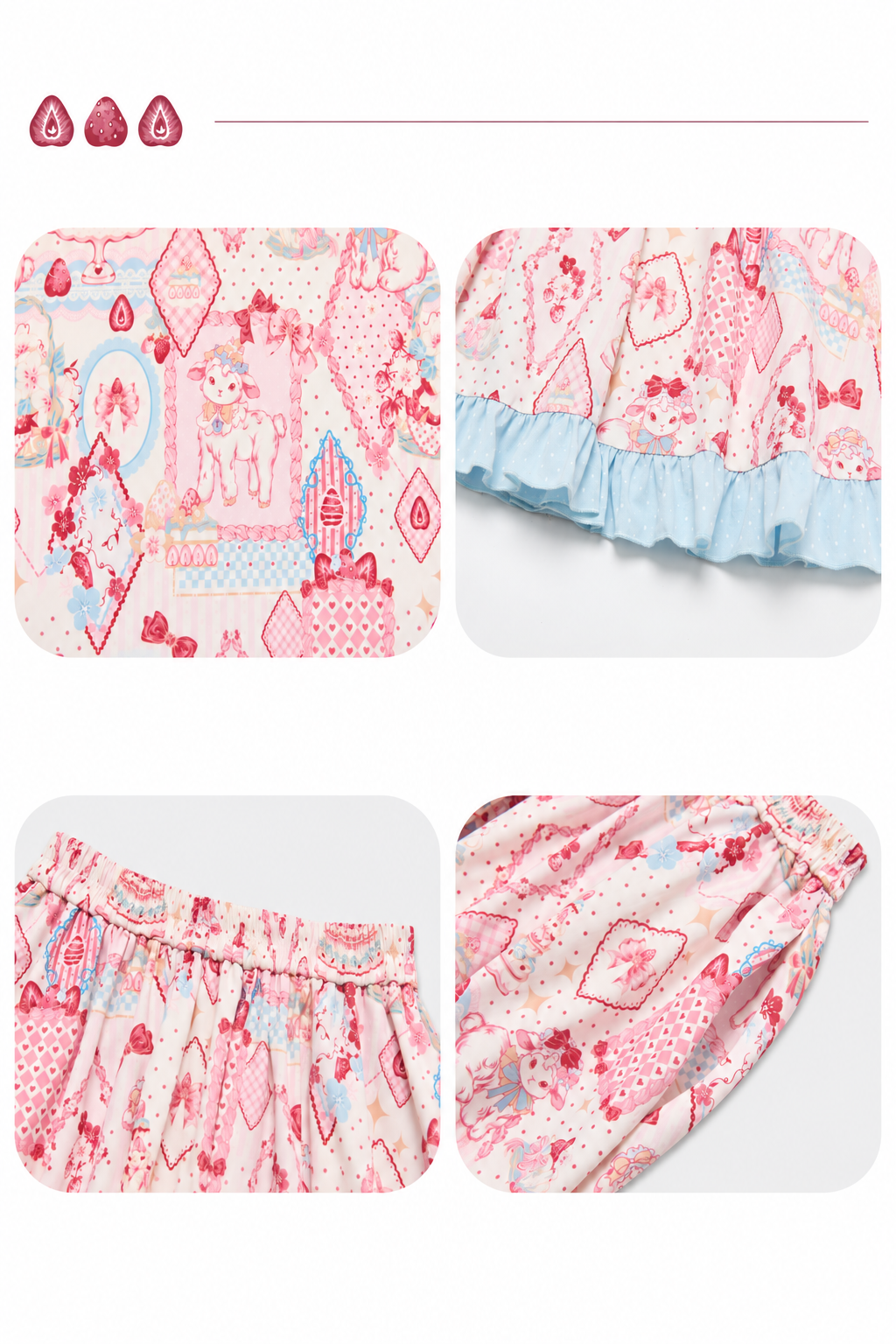 【10月21日予約締切】Pink/Blue Hanfu-inspired Little Lamb Tea Party Lace Wide Sleeve Blouse + Printed Ruffle Skirt + Pleated Mamian Skirt + Strawberry Embroidered Ribbon Lace Apron