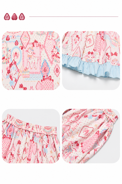 【10月21日予約締切】Pink/Blue Hanfu-inspired Little Lamb Tea Party Lace Wide Sleeve Blouse + Printed Ruffle Skirt + Pleated Mamian Skirt + Strawberry Embroidered Ribbon Lace Apron