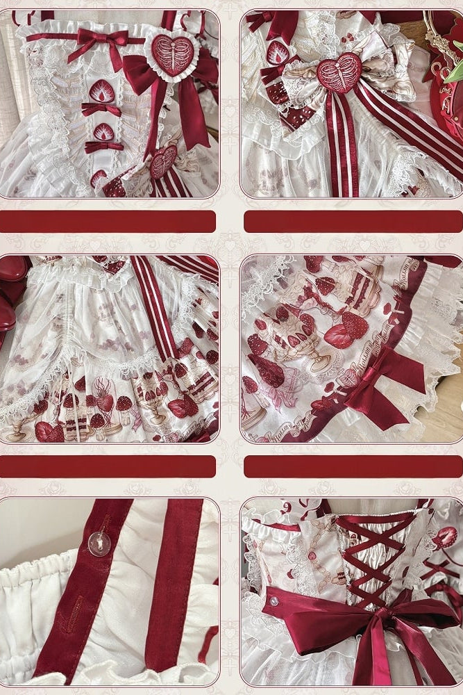 【11月4日予約締切】Strawberry Print Sweet Lolita Lace Bow JSK Dress + Puff Sleeve Lace Bow Doll Dress with Bone Embroidery Apron