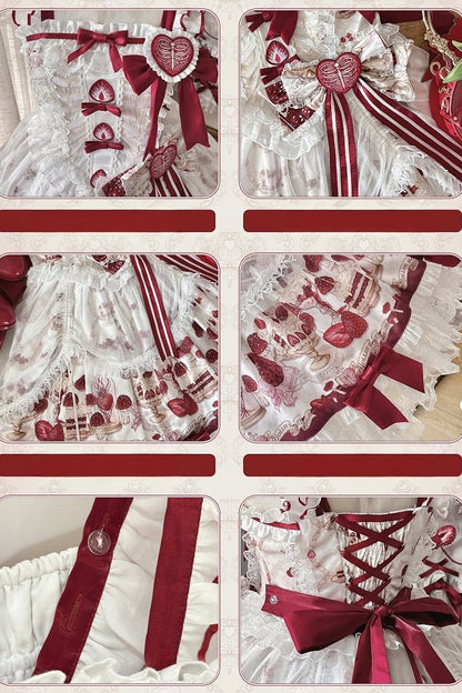 【11月4日予約締切】Strawberry Print Sweet Lolita Lace Bow JSK Dress + Puff Sleeve Lace Bow Doll Dress with Bone Embroidery Apron