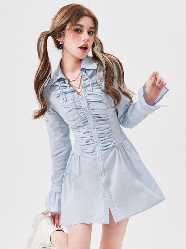 Voluminous Frilled Pleated Shirt Dress