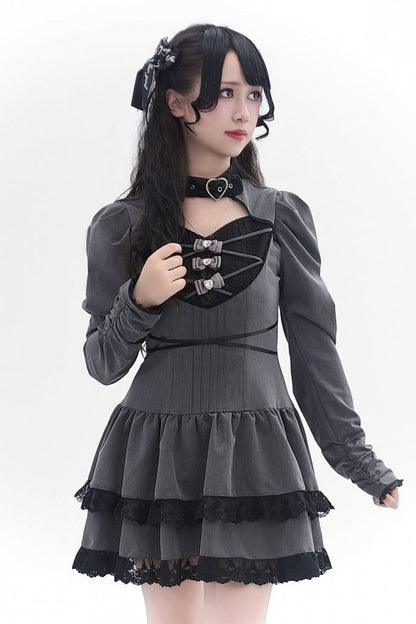 [Reservierungsschluss 28. September] Pink x Schwarz/Grau x Schwarz Gothic-Kleid mit herzförmigem Ausschnitt, Gürtelkragen, Spitzenbesatz und Schleifendetail