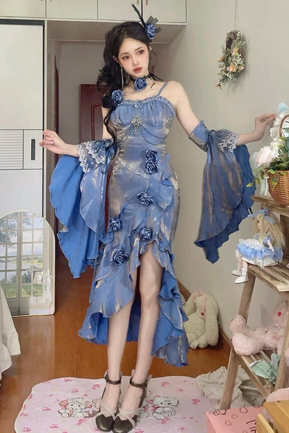 Amour Rose Bianca White and Blue Mermaid Dress Set