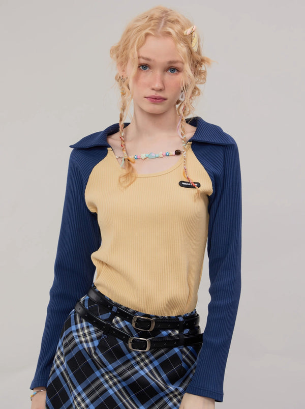 アメリカンレトロラグランスリーブポロカラーチェーンニット