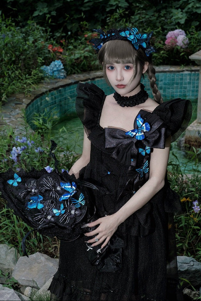 [Vorbestellfrist: 1014] Schwarz/weißes Gothic-Lolita-Set aus Puppenkleid mit Schmetterlingsschleife, Bandkragen und Flatterärmeln + Puppenkleid mit eckigem Ausschnitt und Flatterärmeln