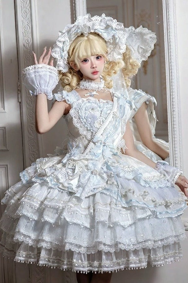 [Reservierungsschluss 1. August] Blau-weißes Sweet-Lolita-Stufenkleid-Set mit Blumenmuster