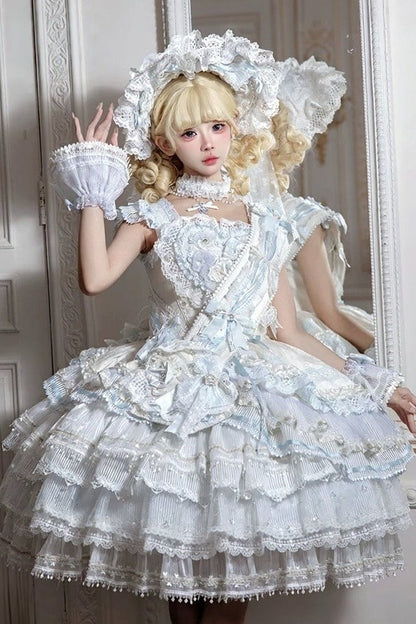 [Reservierungsschluss 1. August] Blau-weißes Sweet-Lolita-Stufenkleid-Set mit Blumenmuster