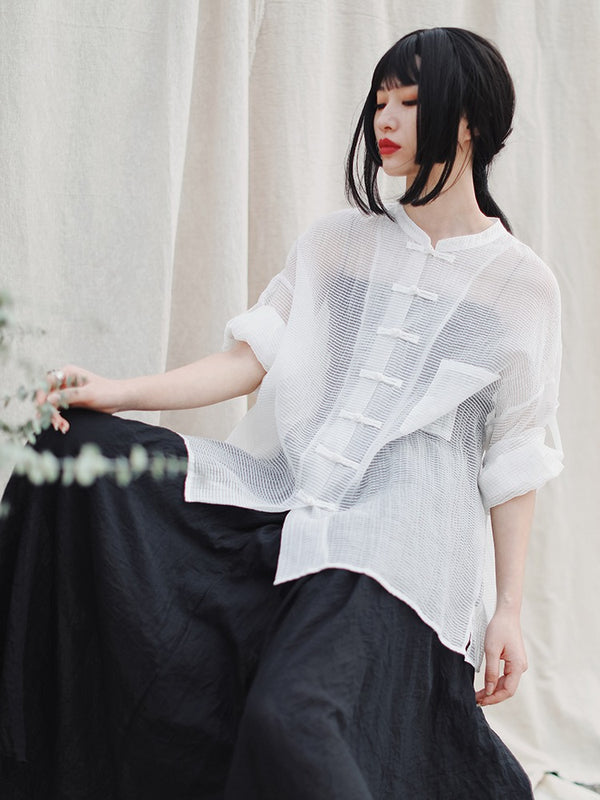 Chinese stand collar sheer shirt