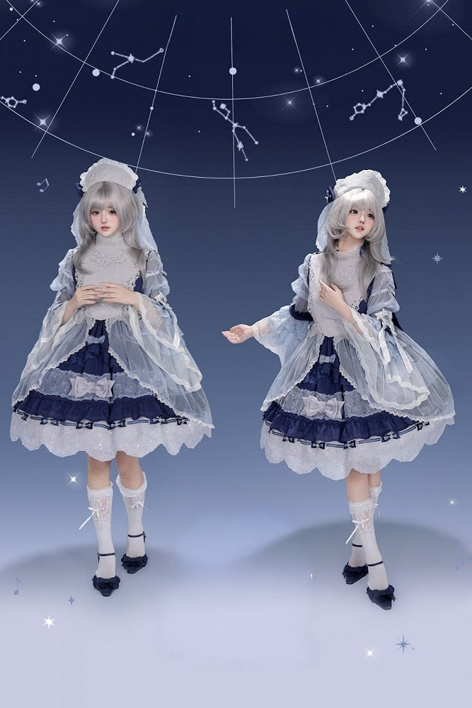 [Vorbestellschluss: 9.23] Klassisches Lolita-Kleid in Hellblau/Dunkelblau mit Himmelsstern-Stickerei, Glockenärmeln, Tülllagen und Schleife