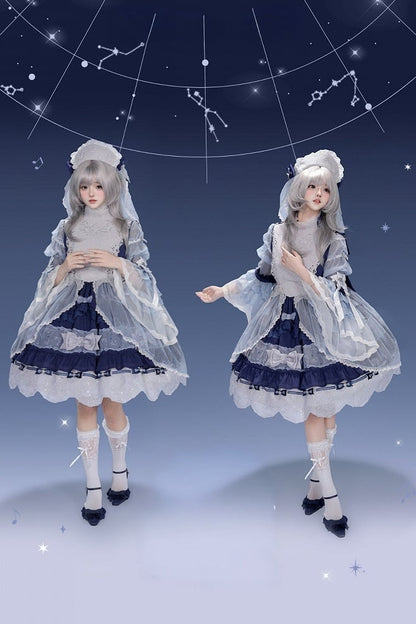 [Vorbestellschluss: 9.23] Klassisches Lolita-Kleid in Hellblau/Dunkelblau mit Himmelsstern-Stickerei, Glockenärmeln, Tülllagen und Schleife