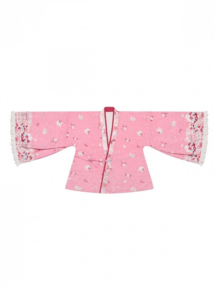 【10月21日予約締切】Pink/Blue Hanfu-inspired Little Lamb Tea Party Lace Wide Sleeve Blouse + Printed Ruffle Skirt + Pleated Mamian Skirt + Strawberry Embroidered Ribbon Lace Apron