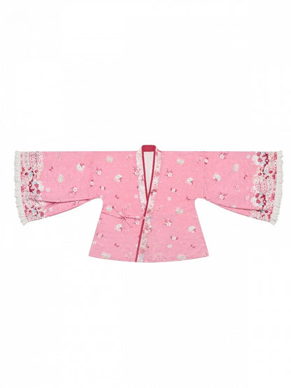 【10月21日予約締切】Pink/Blue Hanfu-inspired Little Lamb Tea Party Lace Wide Sleeve Blouse + Printed Ruffle Skirt + Pleated Mamian Skirt + Strawberry Embroidered Ribbon Lace Apron