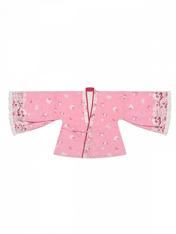 【10月21日予約締切】Pink/Blue Hanfu-inspired Little Lamb Tea Party Lace Wide Sleeve Blouse + Printed Ruffle Skirt + Pleated Mamian Skirt + Strawberry Embroidered Ribbon Lace Apron